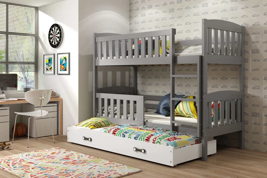 Lit ado superposé 3 places Jacquot 90X190 avec matelas et tiroir, gris/blanc