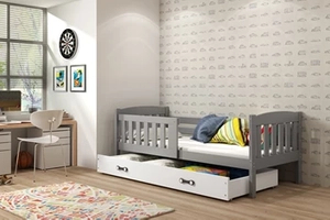 Lit ado simple Jacquot 80X190 avec matelas et tiroir, gris/blanc