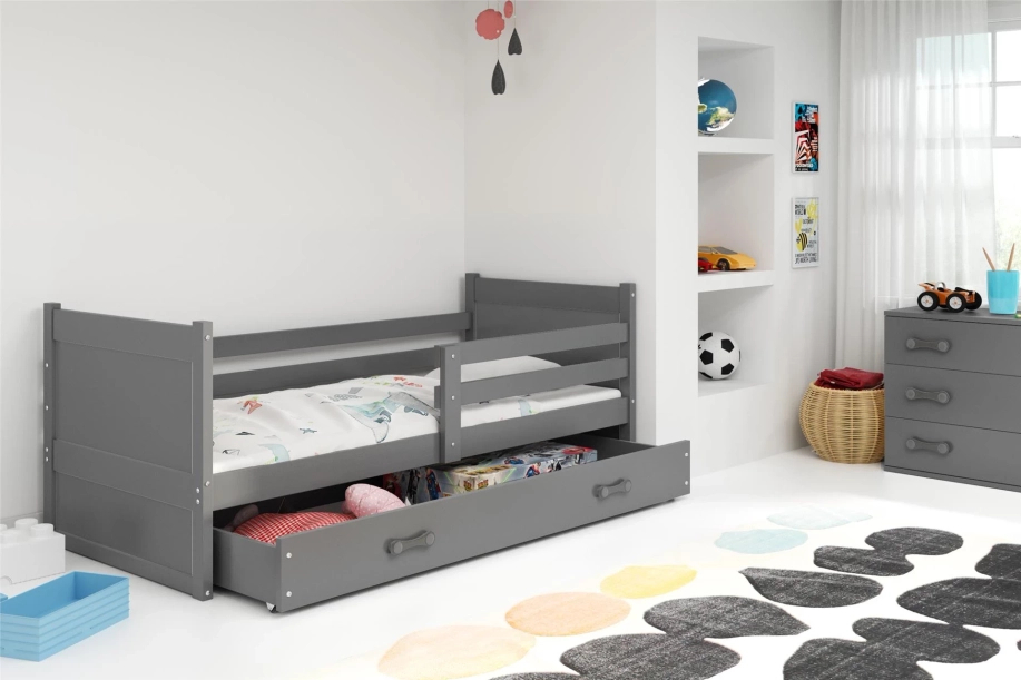 Lit ado simple Rico 90X190 avec matelas et tiroir, gris
