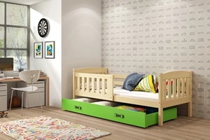 Lit enfant simple Jacquot 80X160 avec matelas et tiroir, pin/vert