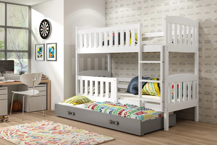 Lit ado superposé 3 places Jacquot 90X190 avec matelas et tiroir, blanc/gris