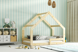 Lit enfant simple Cabane 80X160 avec matelas, bois naturel