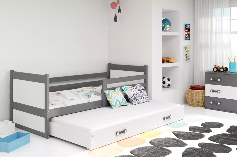 Lit ado gigogne Rico 90X200 avec matelas et tiroir, gris/blanc