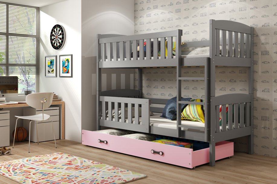 LIT ADOLESCENT SUPERPOSÉ KUBUS LE CADRE EN GRIS LE TIROIR EN ROSE SANS MATELAS 90 X 200