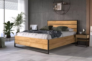 Lit double Loft 160X200 avec matelas et coffre, chêne