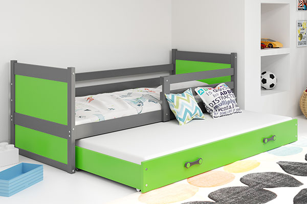 Lit ado gigogne Rico 90X200 avec matelas et tiroir, gris/vert