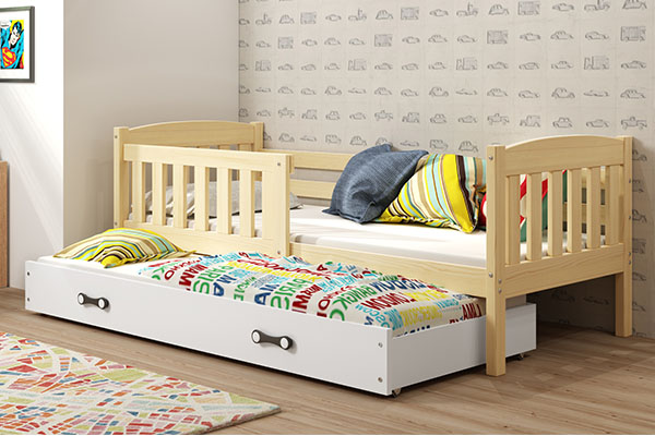 Lit ado gigogne Jacquot 90X200 avec matelas et tiroir, pin/blanc