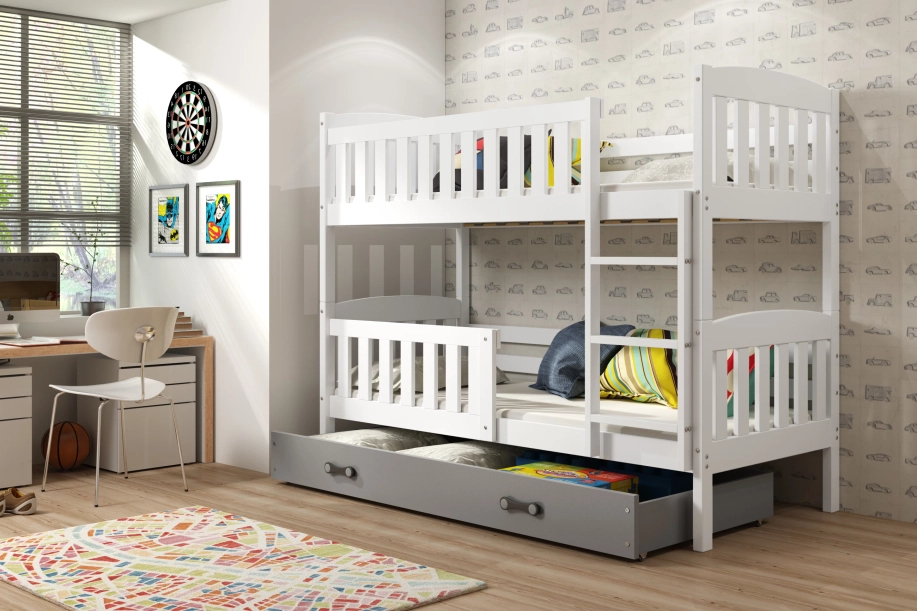 Lit ado superposé Jacquot 90X190 avec matelas et tiroir, blanc/gris