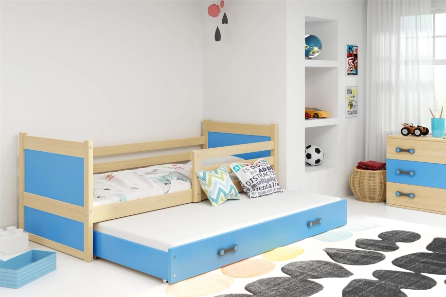 Lit ado gigogne Rico 90X190 avec matelas et tiroir, pin/bleu