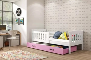 Lit enfant simple Jacquot 80X160 avec matelas et tiroir, blanc/rose