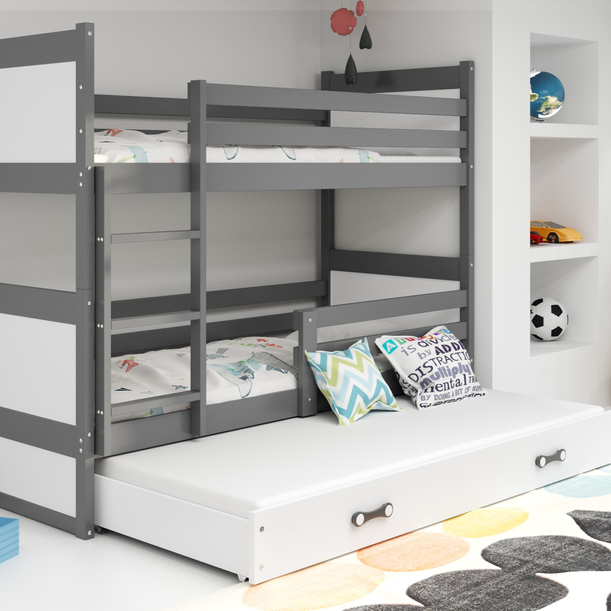 Lit ado superposé 3 places Rico 90X200 avec matelas et tiroir, gris/blanc