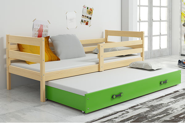 Lit ado gigogne Éric 80X190 avec matelas et tiroir, pin/vert