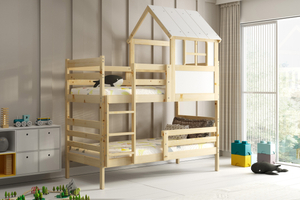 Lit mezzanine en forme de maison avec toit –  Éric en bois naturel 90x190