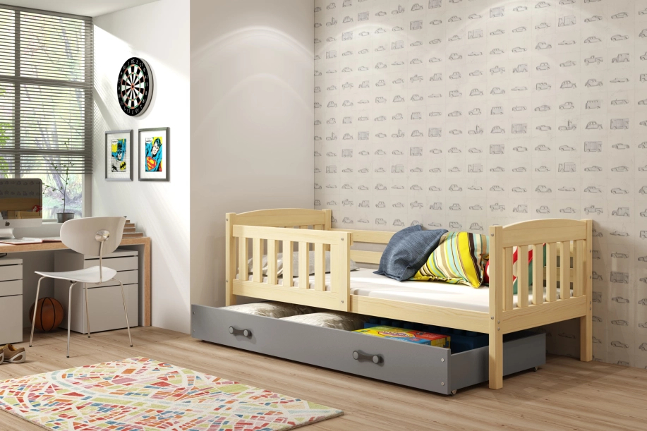 Lit enfant simple Jacquot 80X160 avec tiroir, pin/gris