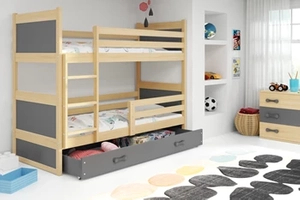 Lit ado superposé Rico 90X200 avec matelas et tiroir, pin/gris