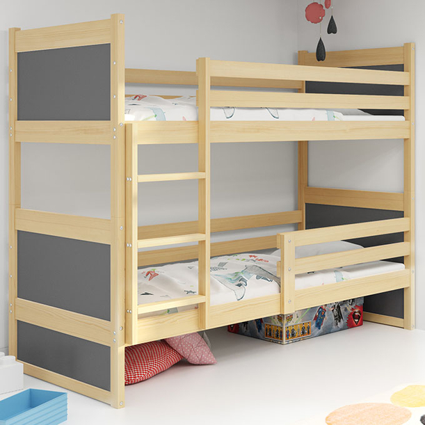 Lit ado superposé Rico 90X200 avec matelas, pin/gris