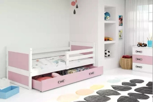 Lit ado simple Rico 90X190 avec matelas et tiroir, blanc/rose