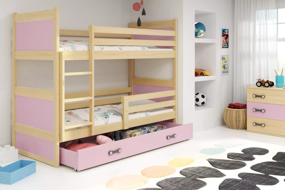 Lit ado superposé Rico 90X190 avec matelas et tiroir, pin/rose
