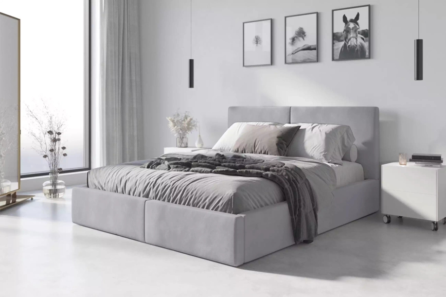 Lit double rembourré Le Hilton 140X200 avec matelas et coffre, gris clair