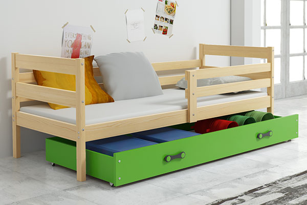 Lit ado simple Éric 90X200 avec matelas et coffre, pin/vert