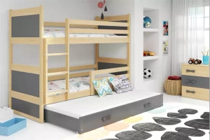Lit ado superposé 3 places Rico 90X190 avec matelas et tiroir, pin/gris