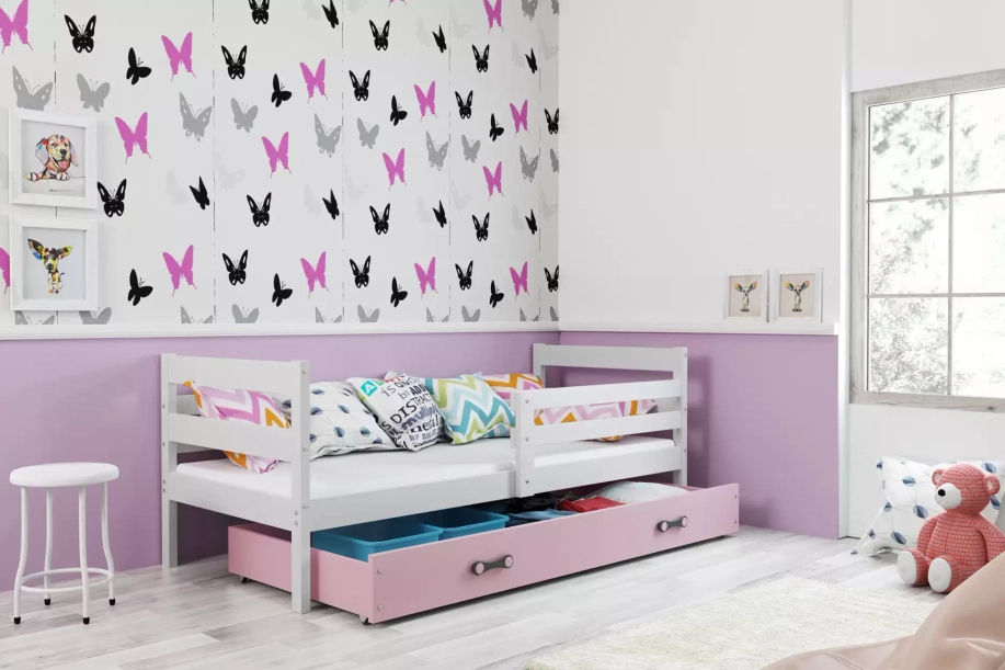 Lit ado simple Éric 90X190 avec matelas et tiroir, blanc/rose