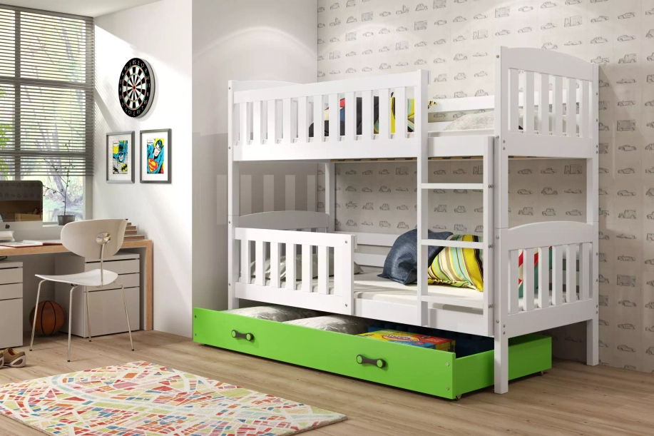Lit ado superposé Jacquot 90X200 avec matelas et tiroir, blanc/vert