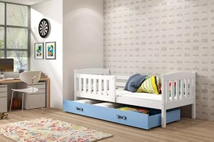 Lit ado simple Jacquot 80X190 avec matelas et tiroir, blanc/bleu