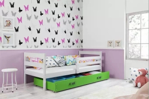 Lit ado simple Éric 90X190 avec matelas et tiroir, blanc/vert