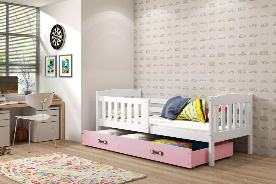 Lit ado simple Jacquot 80X190 avec tiroir, blanc/rose