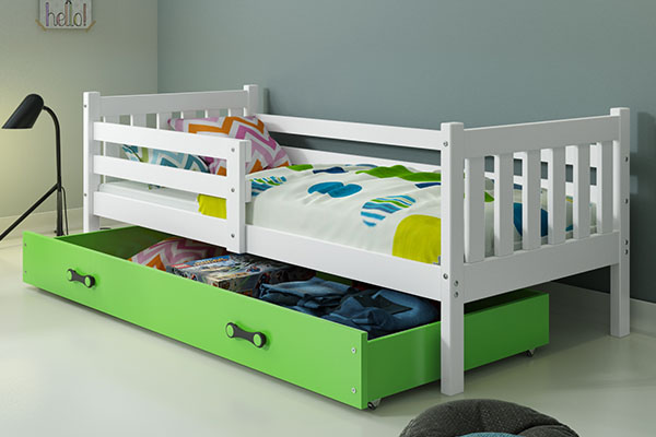 Lit ado simple Carino 90X200 avec matelas et tiroir, blanc/vert