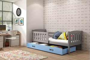 Lit ado simple Jacquot 90X190 avec matelas et tiroir, gris/bleu