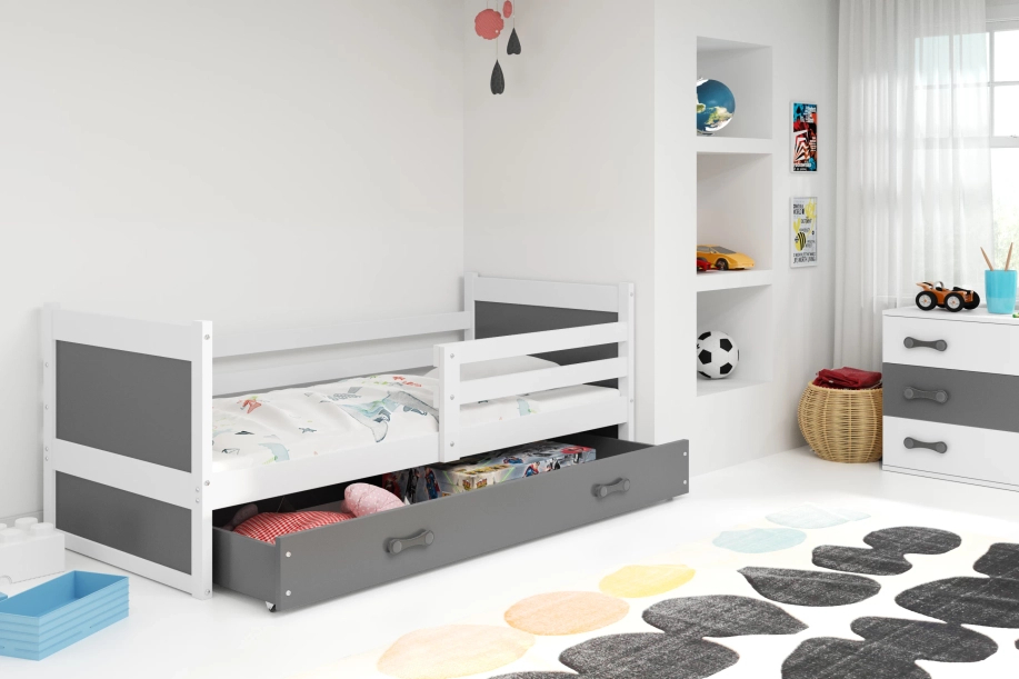 Lit ado simple Rico 80X190 avec matelas et tiroir, blanc/gris