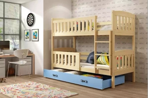 Lit ado superposé Jacquot 90X190 avec matelas et tiroir, pin/bleu