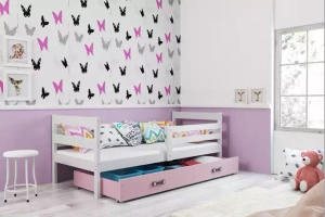 Lit ado simple Éric 90X190 avec matelas et tiroir, blanc/rose