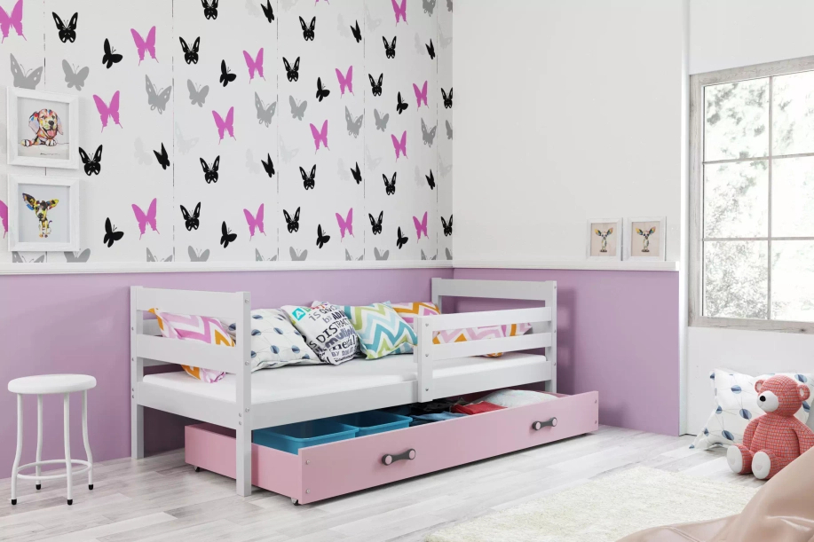 Lit ado simple Éric 80X190 avec matelas et tiroir, blanc/rose