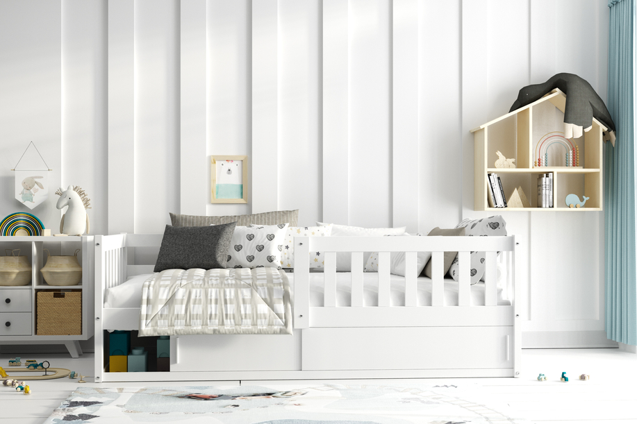Lit enfant simple Smart 80X160 avec matelas et rangement, blanc