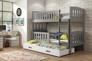 Lit ado superposé 3 places Jacquot 90X190 avec matelas et tiroir, gris/blanc