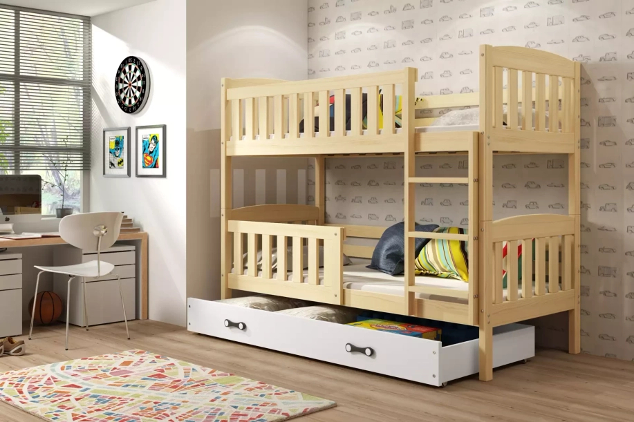 Lit ado superposé Jacquot 90X190 avec matelas et tiroir, pin/blanc