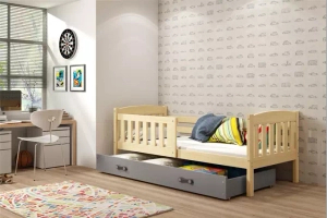 Lit ado simple Jacquot 90X190 avec matelas et tiroir, pin/gris