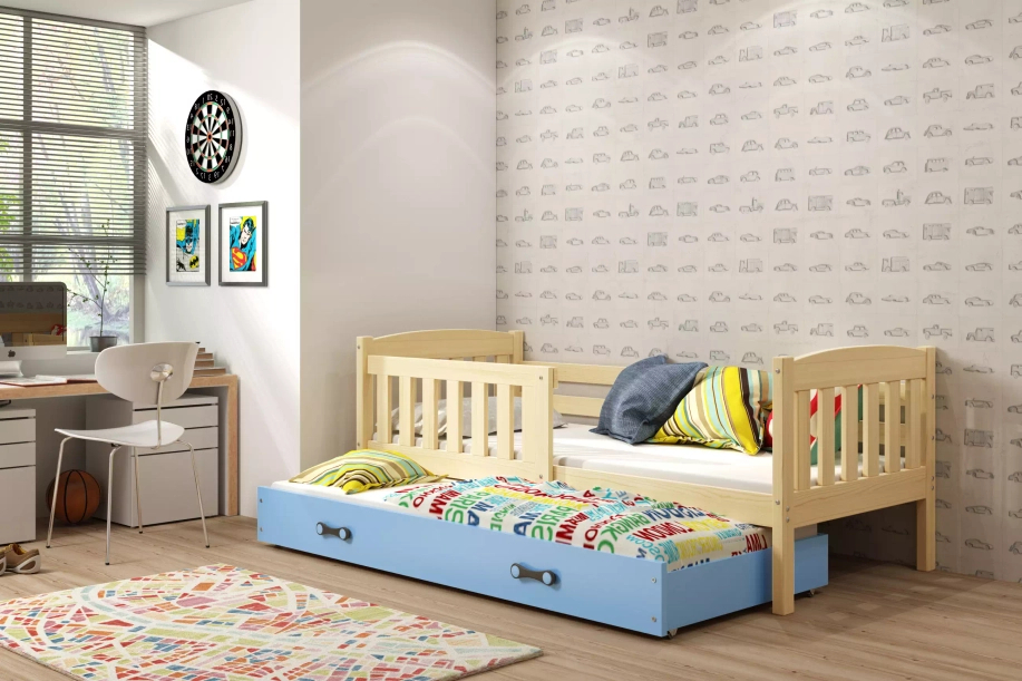 Lit ado gigogne Jacquot 80X190 avec matelas et tiroir, pin/bleu