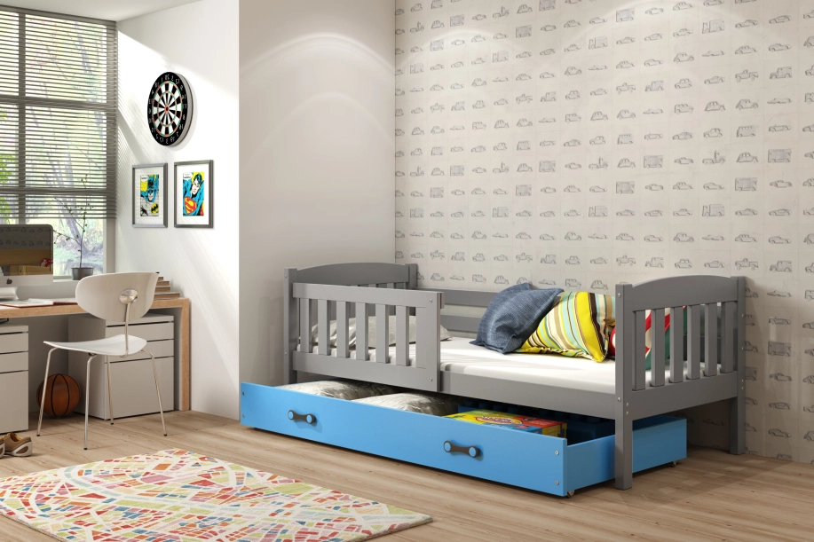 Lit enfant simple Jacquot 80X160 avec tiroir, gris/bleu