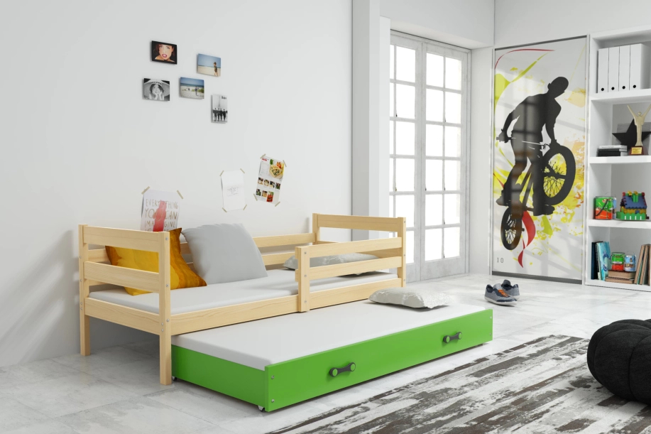 Lit ado gigogne Éric 80X190 avec matelas et tiroir, pin/vert
