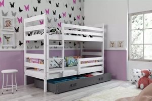 Lit ado superposé Éric 90X200 avec matelas et tiroir, blanc/gris