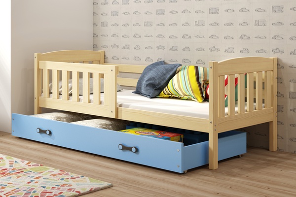 Lit ado simple Jacquot 80X190 avec tiroir, pin/bleu
