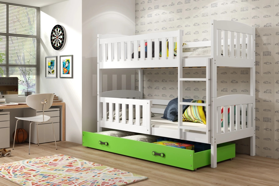 Lit ado superposé Jacquot 90X190 avec matelas et tiroir, blanc/vert