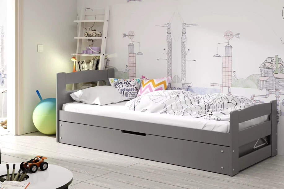 Lit ado simple Erni 90X200 avec coffre, gris