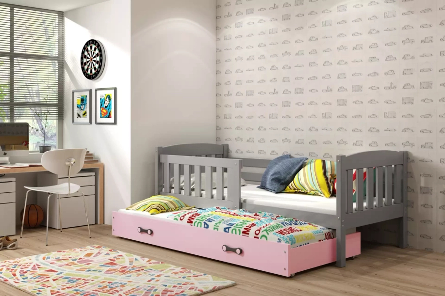 Lit ado gigogne Jacquot 90X190 avec matelas et tiroir, gris/rose