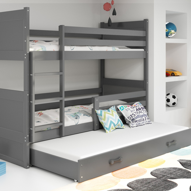 Lit ado superposé 3 places Rico 90X200 avec matelas et tiroir, gris