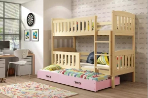Lit ado superposé 3 places Jacquot 90X190 avec matelas et tiroir, pin/rose
